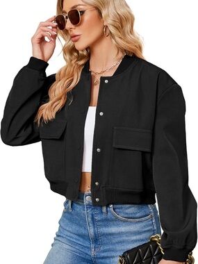Black Cropped Bomber Jacket for Women
